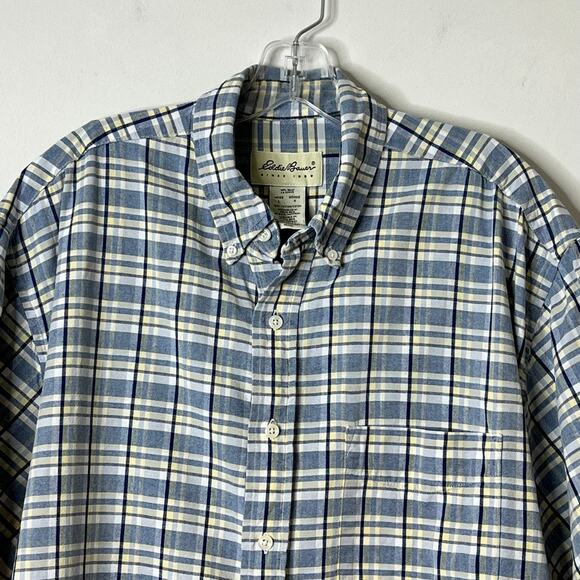 Eddie Bauer Short Sleeve Plaid Button Front Shirt White Blue Yellow Mens Large - Picture 4 of 9